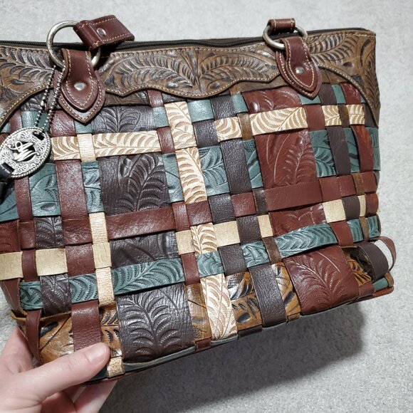 AMERICAN WEST Tooled Leather Woven Shoulder Tote Bag Purse Weave Western Boho - Picture 3 of 14